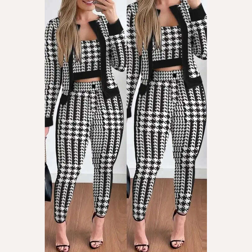 KIMLUD, Two Piece Set Women Outfit Spring Fashion Plaid Print Contrast Paneled Open Front Long Sleeve Coat & Elegant Skinny Pants Set, C / S, KIMLUD Womens Clothes