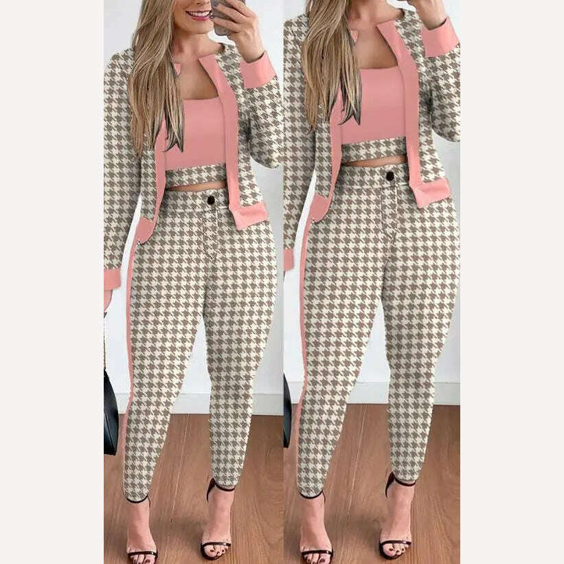 Two Piece Set Women Outfit Spring Fashion Plaid Print Contrast Paneled Open Front Long Sleeve Coat & Elegant Skinny Pants Set - KIMLUD