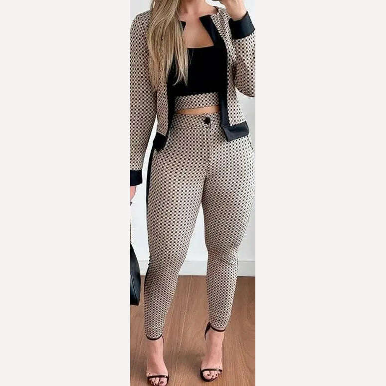 Two Piece Set Women Outfit Spring Fashion Plaid Print Contrast Paneled Open Front Long Sleeve Coat & Elegant Skinny Pants Set - KIMLUD