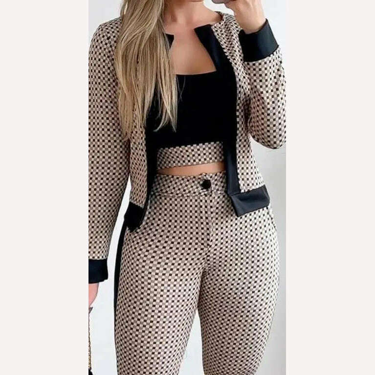 Two Piece Set Women Outfit Spring Fashion Plaid Print Contrast Paneled Open Front Long Sleeve Coat & Elegant Skinny Pants Set - KIMLUD