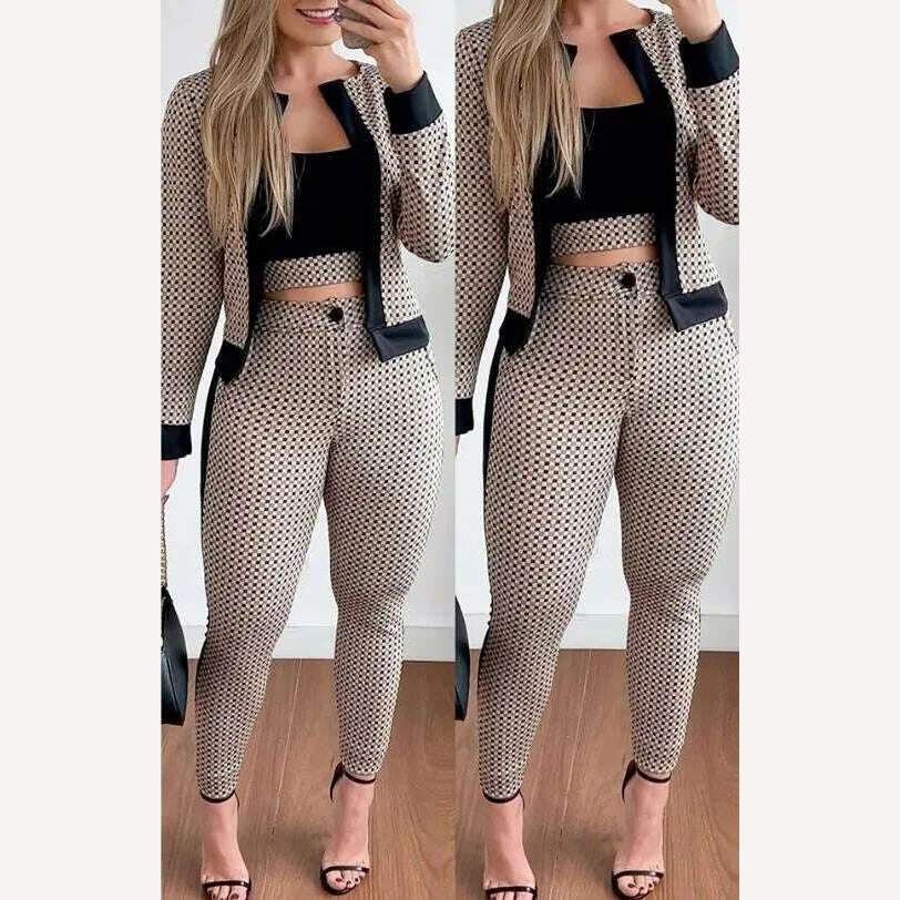 Two Piece Set Women Outfit Spring Fashion Plaid Print Contrast Paneled Open Front Long Sleeve Coat & Elegant Skinny Pants Set - KIMLUD