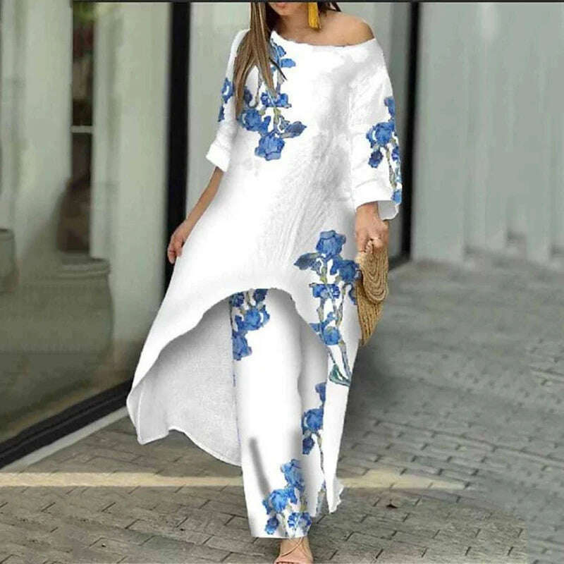 KIMLUD, Two Piece Sets O-Neck Long Sleeve Irregular Hem Long Top & Causal Loose Wide Leg Pants Suits Fashion Print Floral Comfort Sets, Style 3 / S, KIMLUD Women's Clothes