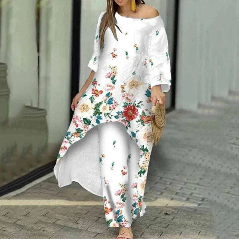 Two Piece Sets O-Neck Long Sleeve Irregular Hem Long Top & Causal Loose Wide Leg Pants Suits Fashion Print Floral Comfort Sets - KIMLUD