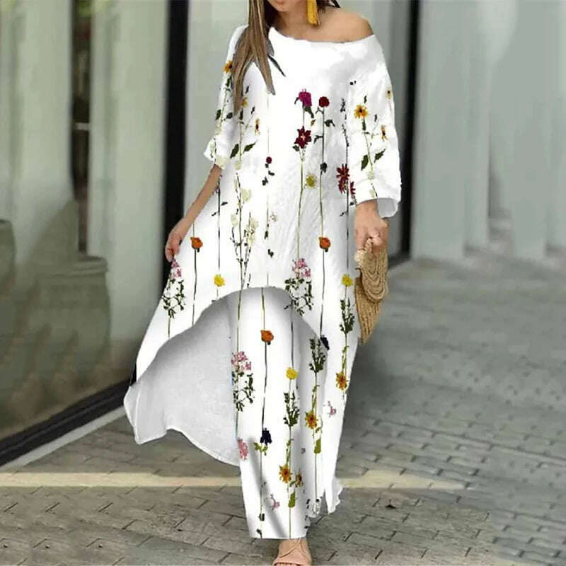 KIMLUD, Two Piece Sets O-Neck Long Sleeve Irregular Hem Long Top & Causal Loose Wide Leg Pants Suits Fashion Print Floral Comfort Sets, Style 6 / S, KIMLUD Women's Clothes