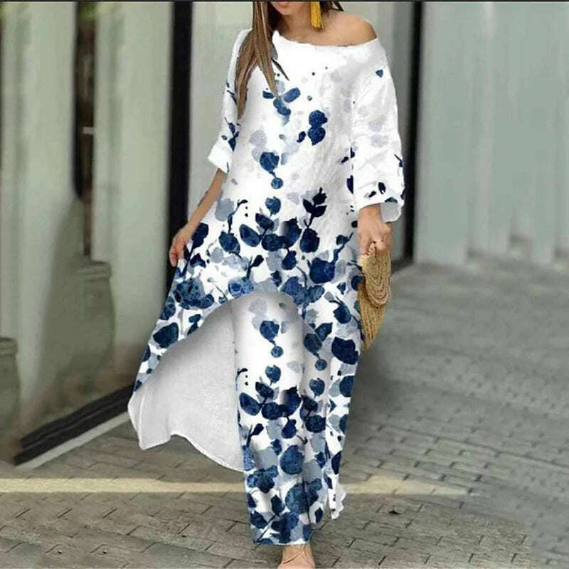 KIMLUD, Two Piece Sets O-Neck Long Sleeve Irregular Hem Long Top & Causal Loose Wide Leg Pants Suits Fashion Print Floral Comfort Sets, KIMLUD Womens Clothes