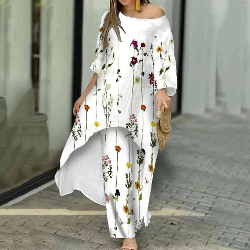 Two Piece Sets O-Neck Long Sleeve Irregular Hem Long Top & Causal Loose Wide Leg Pants Suits Fashion Print Floral Comfort Sets - KIMLUD