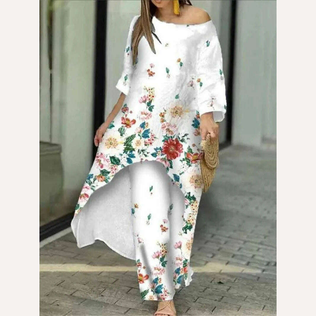 Two Piece Sets O-Neck Long Sleeve Irregular Hem Long Top & Causal Loose Wide Leg Pants Suits Fashion Print Floral Comfort Sets - KIMLUD
