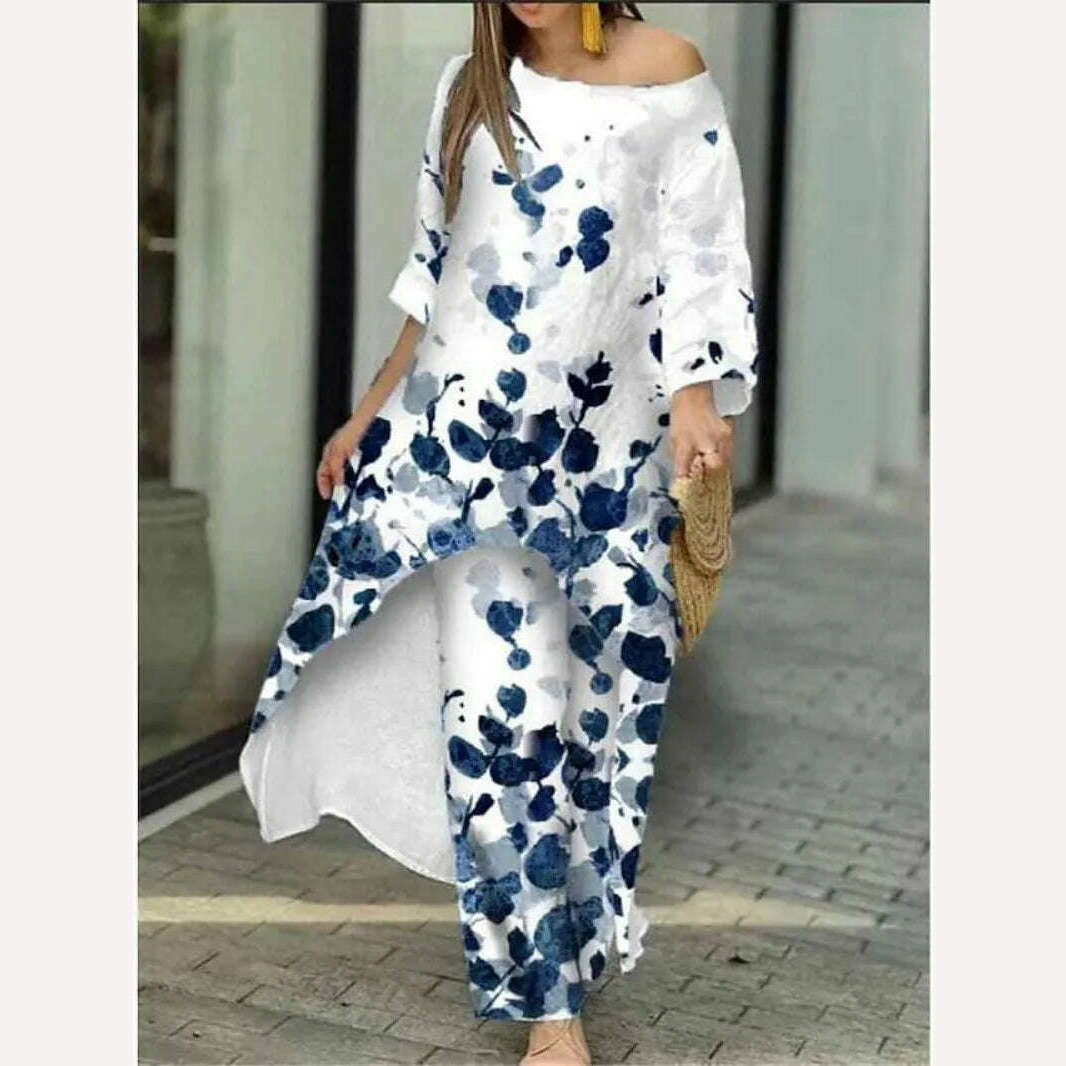 Two Piece Sets O-Neck Long Sleeve Irregular Hem Long Top & Causal Loose Wide Leg Pants Suits Fashion Print Floral Comfort Sets - KIMLUD