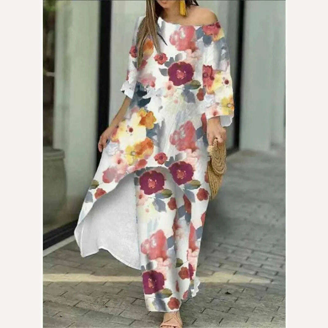 Two Piece Sets O-Neck Long Sleeve Irregular Hem Long Top & Causal Loose Wide Leg Pants Suits Fashion Print Floral Comfort Sets - KIMLUD