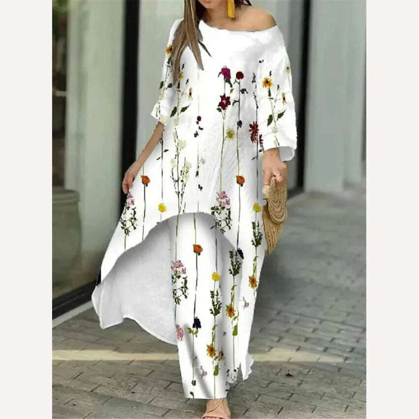 Two Piece Sets O-Neck Long Sleeve Irregular Hem Long Top & Causal Loose Wide Leg Pants Suits Fashion Print Floral Comfort Sets - KIMLUD