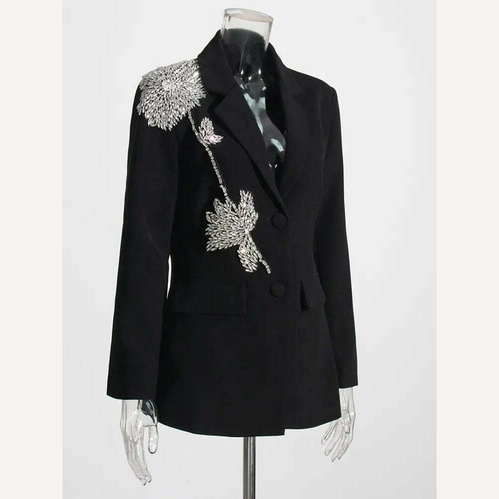 TWOTWINSTYLE Autumn Slim Blazers For Women Notched Collar Long Sleeve Patchwork Diamonds Chic Style Blazer Female Fashion 2023 - KIMLUD