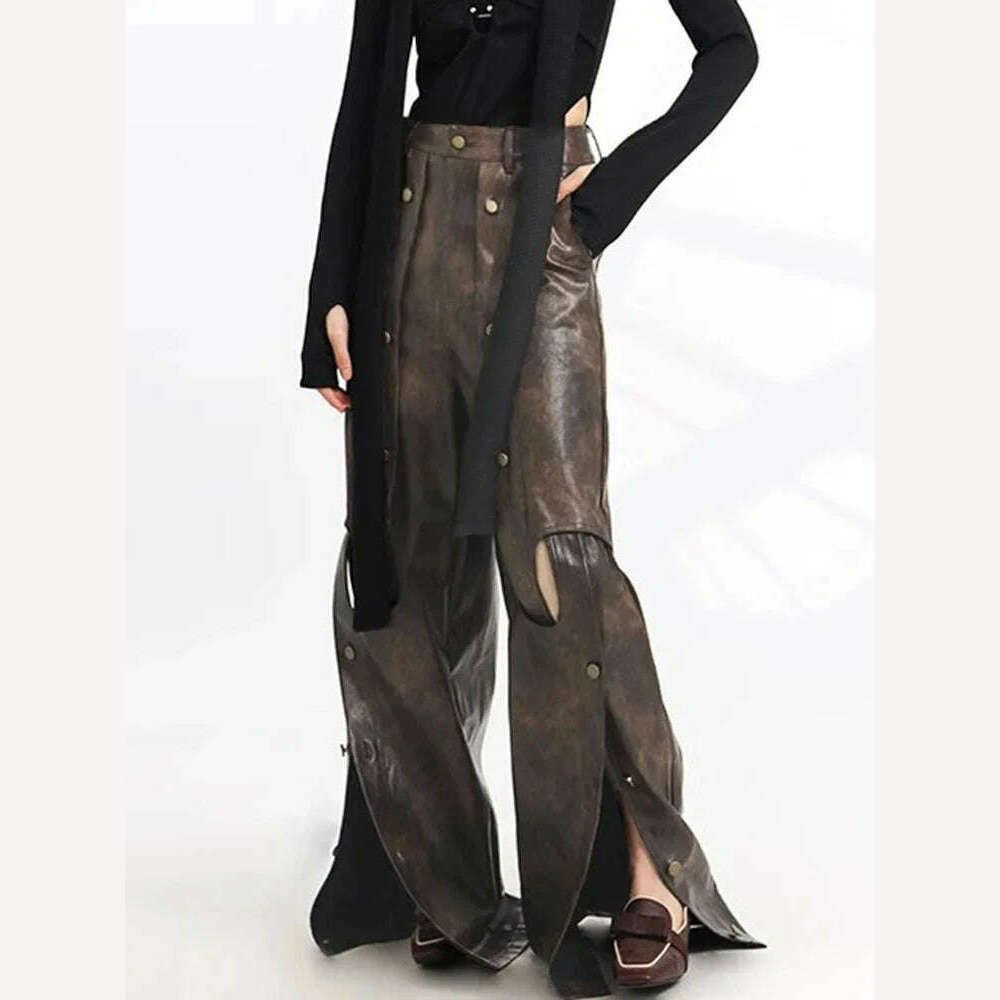 KIMLUD, TWOTWINSTYLE Colorblock Hollow Out Casual Loose Leather Pants High Waist Spliced Button Wide Leg Pant Female Fashion Clothing, KIMLUD Womens Clothes