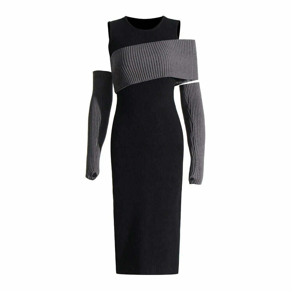 TWOTWINSTYLE Colorblock Slimming Knitting Dresses For Women Round Neck Long Sleeve High Waist Bodycon Dress Female Fashion 2023, BLACK / S, KIMLUD Women's Clothes