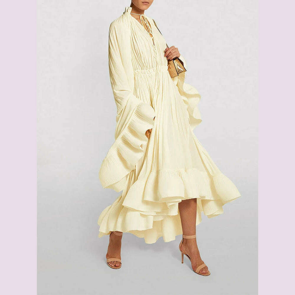 KIMLUD, TWOTWINSTYLE Elegant Solid Dresses For Women V Neck Cloak Sleeves High Waist Spliced Lace Up Ruffles Pleated Dress Female Summer, KIMLUD Womens Clothes