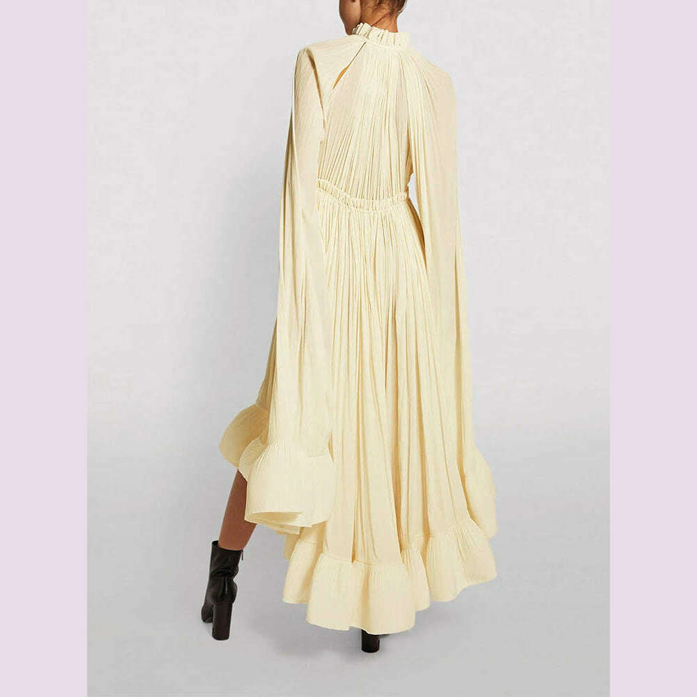KIMLUD, TWOTWINSTYLE Elegant Solid Dresses For Women V Neck Cloak Sleeves High Waist Spliced Lace Up Ruffles Pleated Dress Female Summer, KIMLUD Womens Clothes