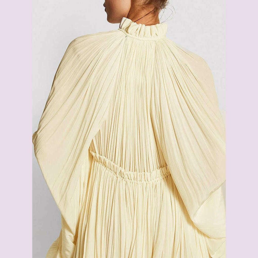 KIMLUD, TWOTWINSTYLE Elegant Solid Dresses For Women V Neck Cloak Sleeves High Waist Spliced Lace Up Ruffles Pleated Dress Female Summer, KIMLUD Womens Clothes