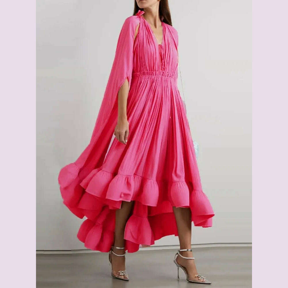 KIMLUD, TWOTWINSTYLE Elegant Solid Dresses For Women V Neck Cloak Sleeves High Waist Spliced Lace Up Ruffles Pleated Dress Female Summer, KIMLUD Womens Clothes