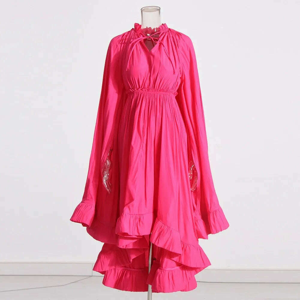 KIMLUD, TWOTWINSTYLE Elegant Solid Dresses For Women V Neck Cloak Sleeves High Waist Spliced Lace Up Ruffles Pleated Dress Female Summer, Rose / L, KIMLUD APPAREL - Womens Clothes