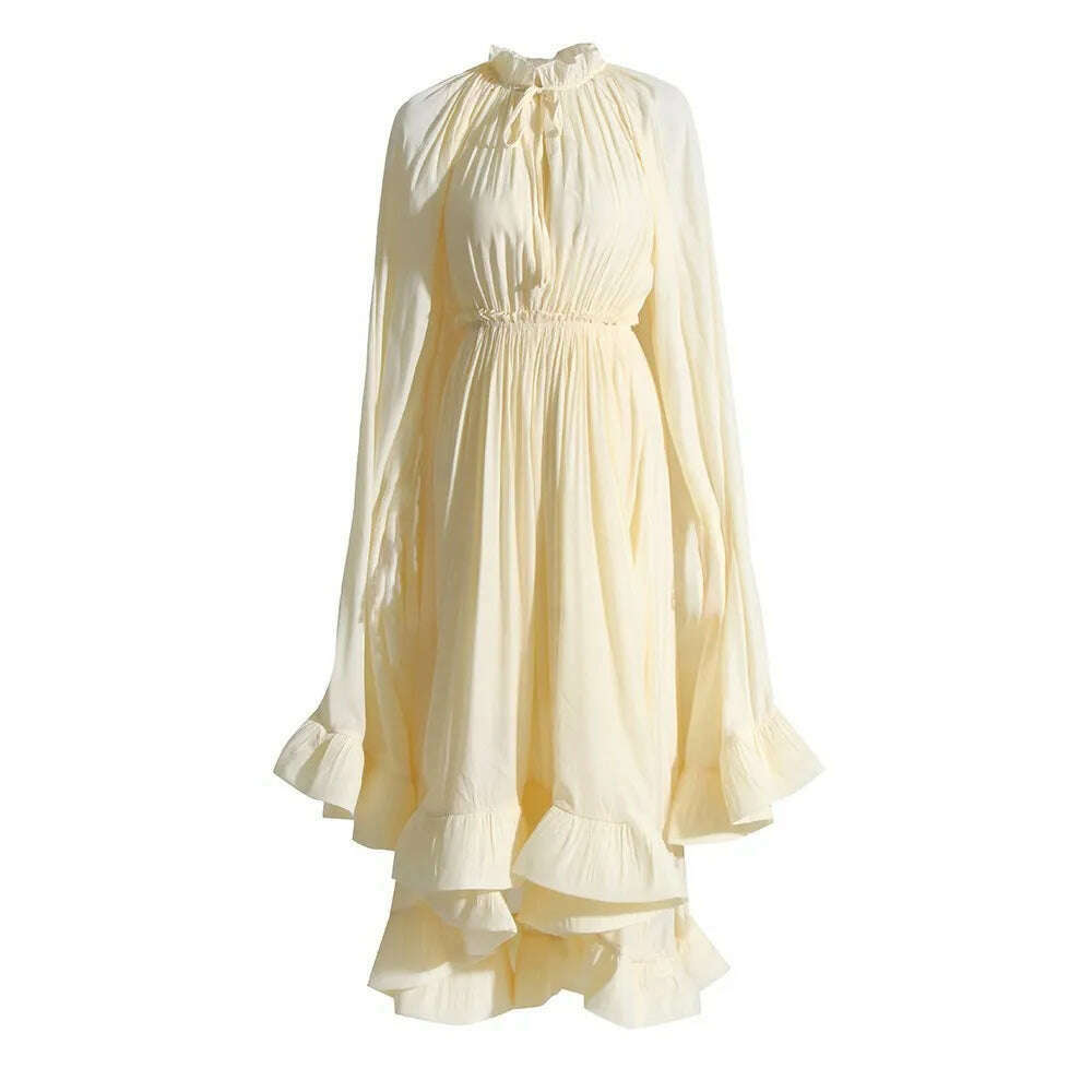 KIMLUD, TWOTWINSTYLE Elegant Solid Dresses For Women V Neck Cloak Sleeves High Waist Spliced Lace Up Ruffles Pleated Dress Female Summer, APRICOT / L, KIMLUD APPAREL - Womens Clothes