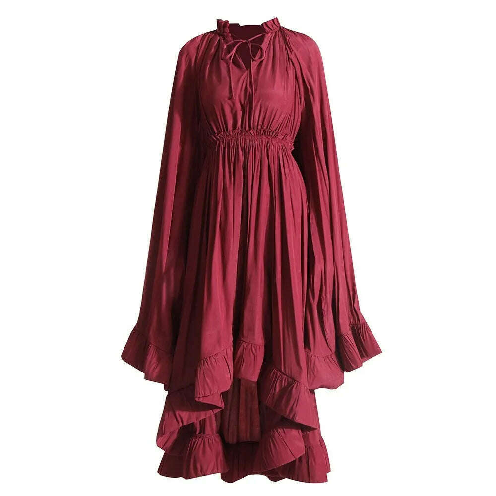 KIMLUD, TWOTWINSTYLE Elegant Solid Dresses For Women V Neck Cloak Sleeves High Waist Spliced Lace Up Ruffles Pleated Dress Female Summer, Winered / L, KIMLUD APPAREL - Womens Clothes