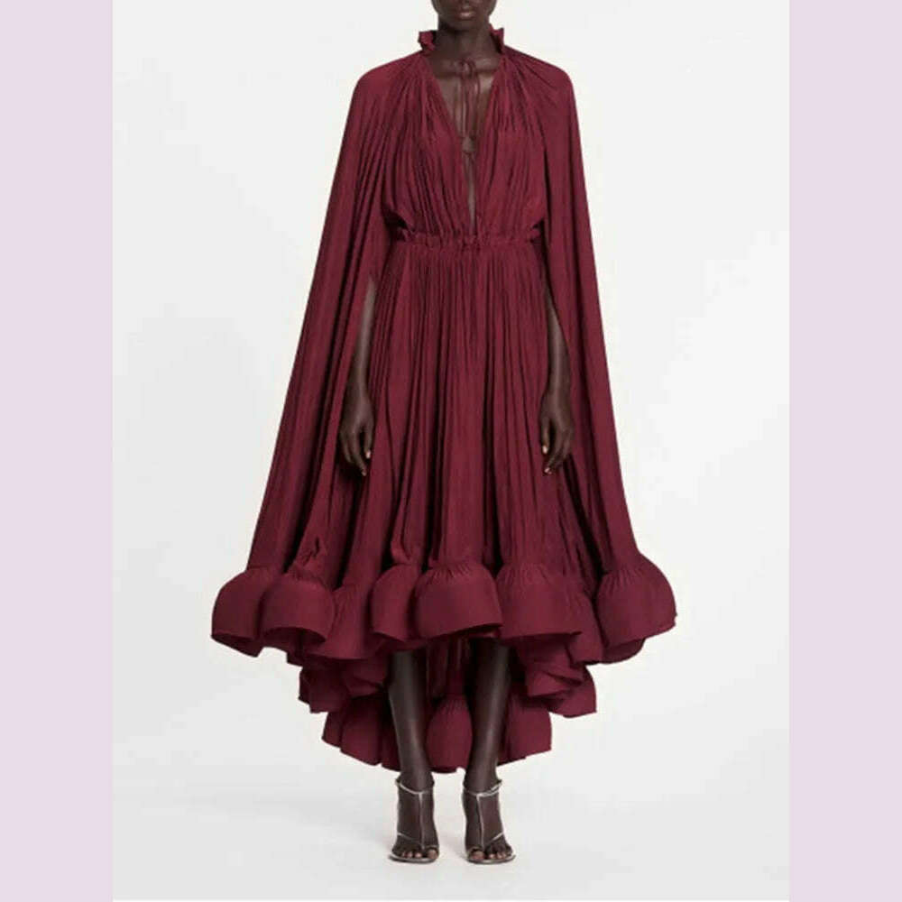 KIMLUD, TWOTWINSTYLE Elegant Solid Dresses For Women V Neck Cloak Sleeves High Waist Spliced Lace Up Ruffles Pleated Dress Female Summer, KIMLUD Womens Clothes