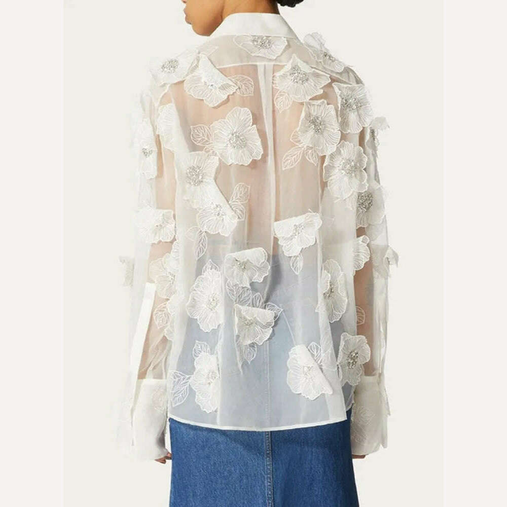 TWOTWINSTYLE Elegant Spliced Appliques Shirt For Women Lapel Long Sleeve Patchwork Single Breasted Vintage Blouse Female Clothes - KIMLUD