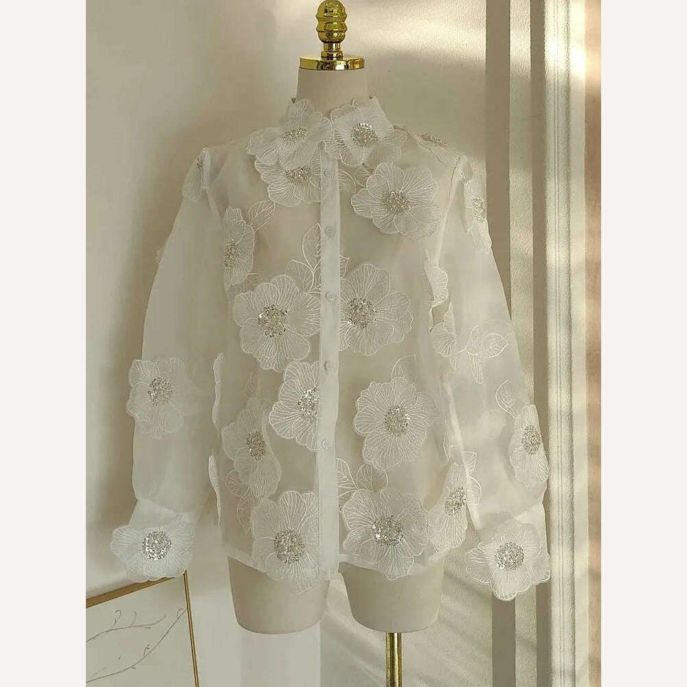 TWOTWINSTYLE Elegant Spliced Appliques Shirt For Women Lapel Long Sleeve Patchwork Single Breasted Vintage Blouse Female Clothes - KIMLUD