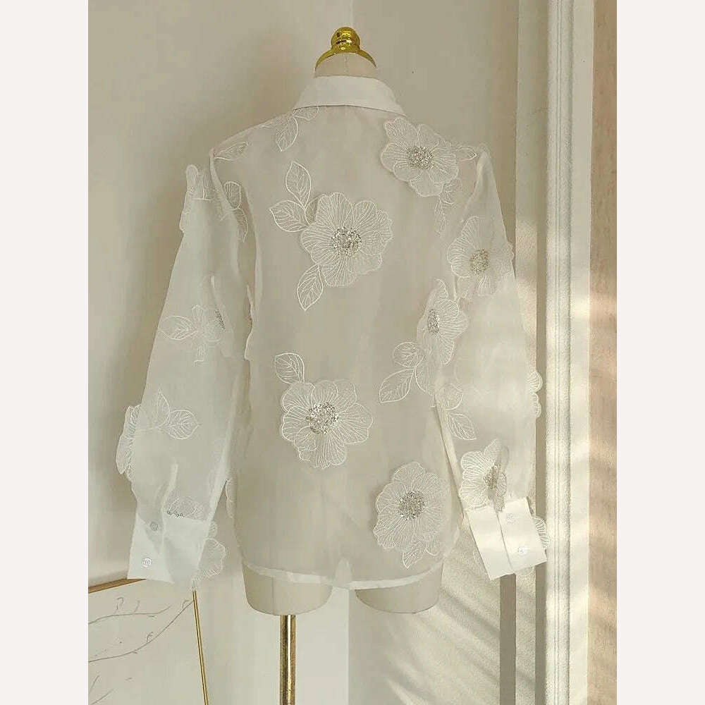 TWOTWINSTYLE Elegant Spliced Appliques Shirt For Women Lapel Long Sleeve Patchwork Single Breasted Vintage Blouse Female Clothes - KIMLUD
