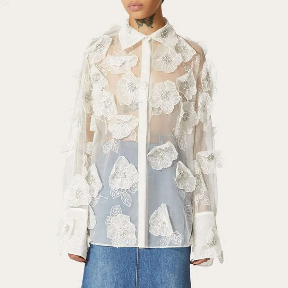 TWOTWINSTYLE Elegant Spliced Appliques Shirt For Women Lapel Long Sleeve Patchwork Single Breasted Vintage Blouse Female Clothes - KIMLUD