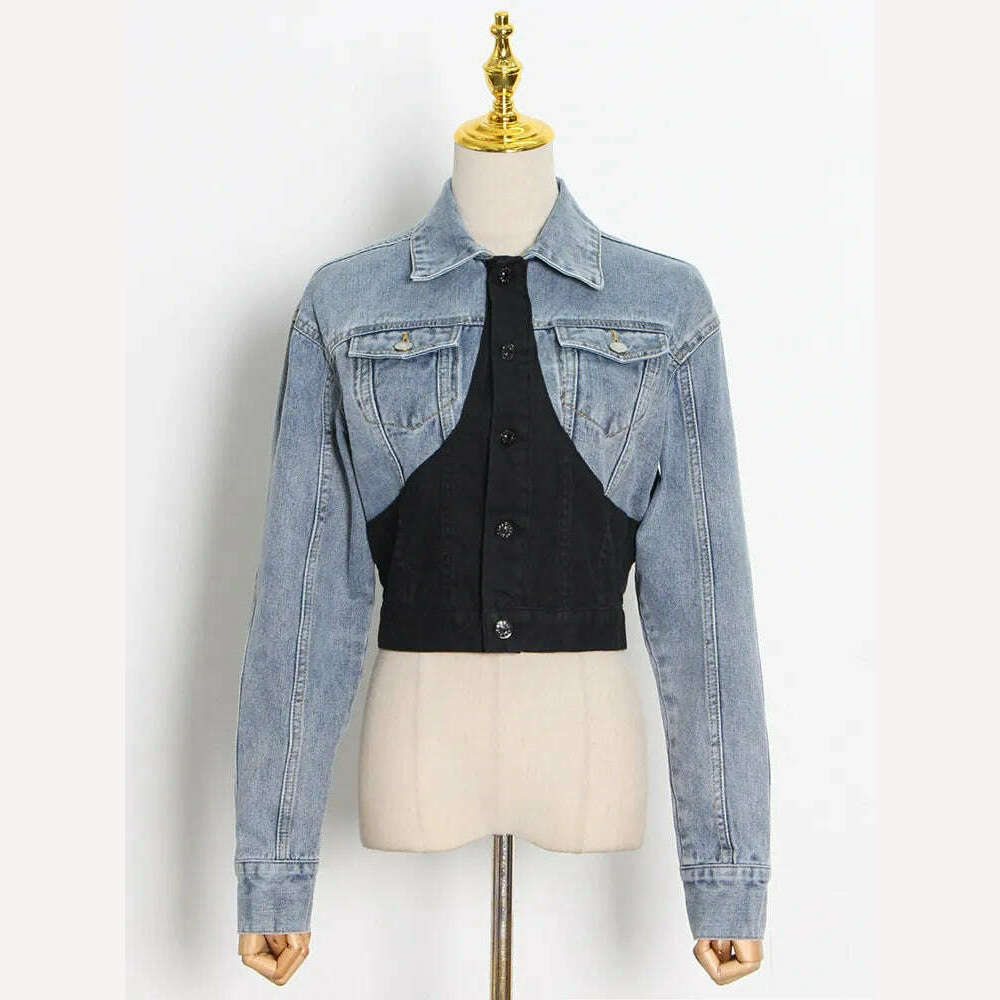 TWOTWINSTYLE Hit Color Patchwork Denim Two Piece Sets Women Long Sleeve Coat Jacket Female High Waist Pencil Pants Jeans 2022 - KIMLUD