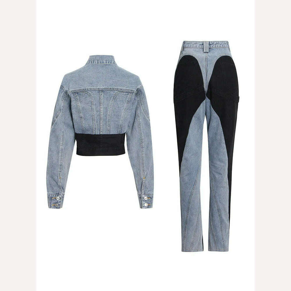 TWOTWINSTYLE Hit Color Patchwork Denim Two Piece Sets Women Long Sleeve Coat Jacket Female High Waist Pencil Pants Jeans 2022 - KIMLUD