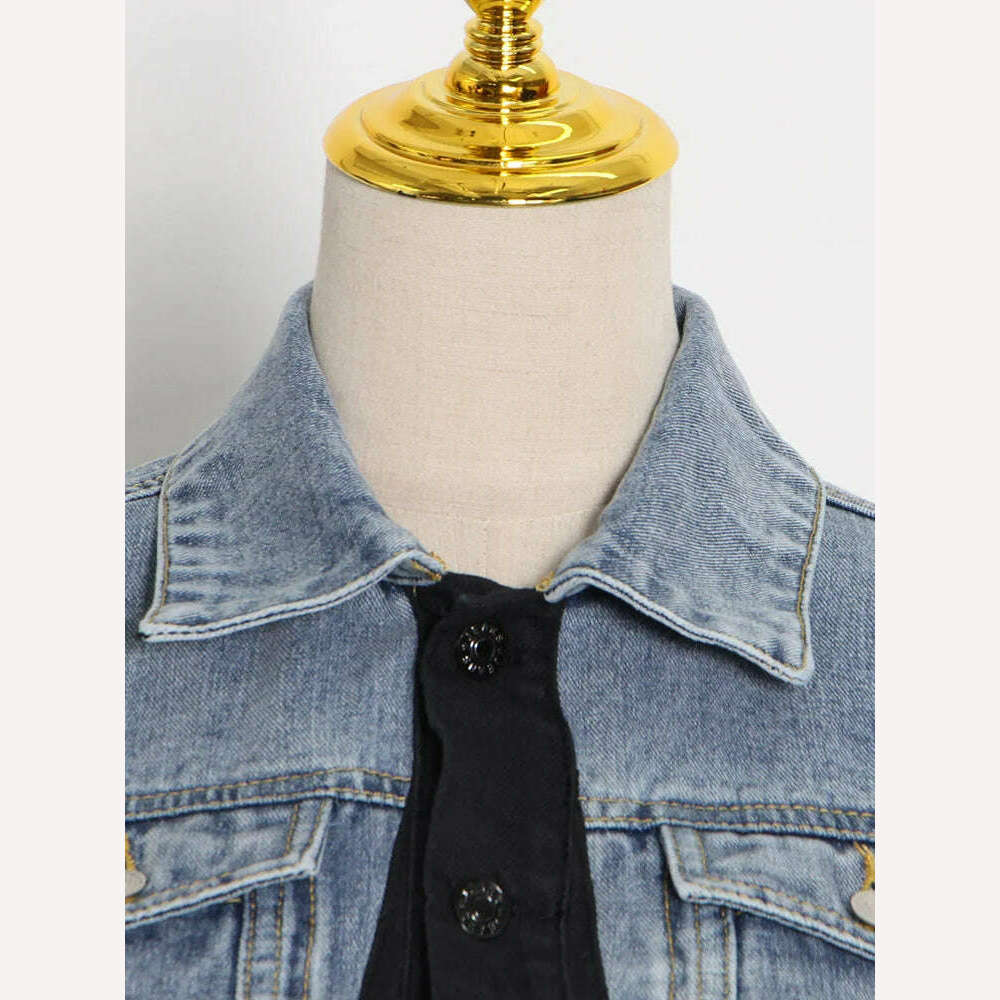 TWOTWINSTYLE Hit Color Patchwork Denim Two Piece Sets Women Long Sleeve Coat Jacket Female High Waist Pencil Pants Jeans 2022 - KIMLUD