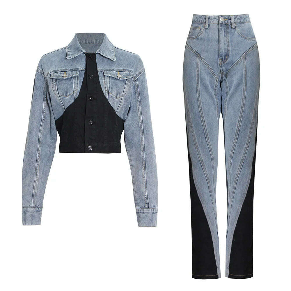 TWOTWINSTYLE Hit Color Patchwork Denim Two Piece Sets Women Long Sleeve Coat Jacket Female High Waist Pencil Pants Jeans 2022 - KIMLUD