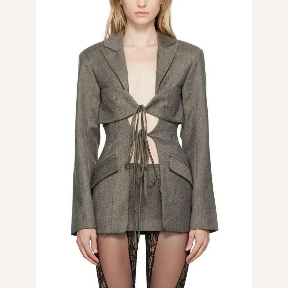 KIMLUD, TWOTWINSTYLE Hollow Out Irregular Blazer For Women Notched Collar Long Sleeve Patchwork Lace Up Temperament Blazers Female New, coffee / M, KIMLUD APPAREL - Womens Clothes