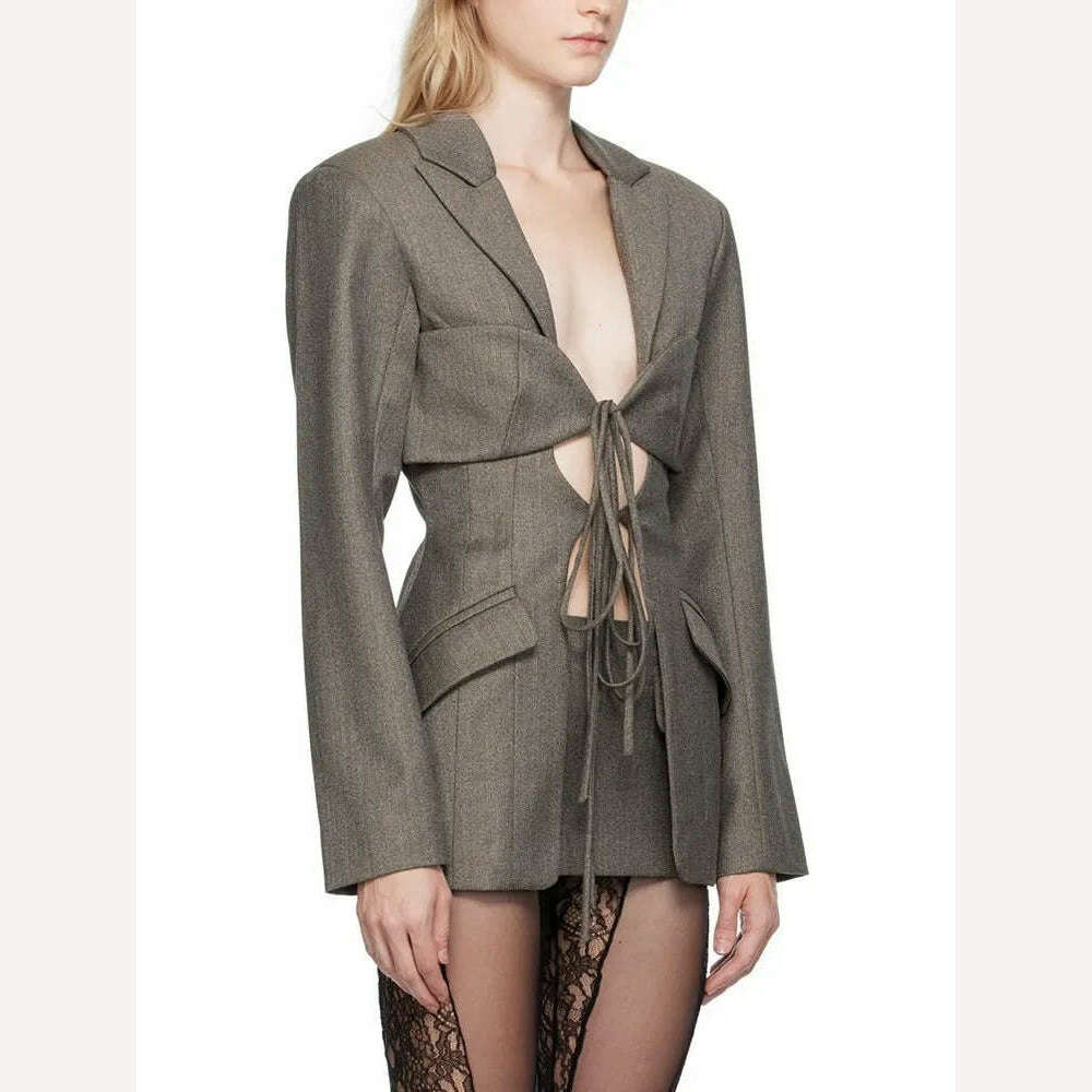 KIMLUD, TWOTWINSTYLE Hollow Out Irregular Blazer For Women Notched Collar Long Sleeve Patchwork Lace Up Temperament Blazers Female New, KIMLUD Womens Clothes