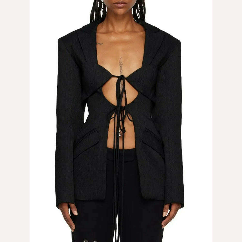 KIMLUD, TWOTWINSTYLE Hollow Out Irregular Blazer For Women Notched Collar Long Sleeve Patchwork Lace Up Temperament Blazers Female New, KIMLUD Womens Clothes