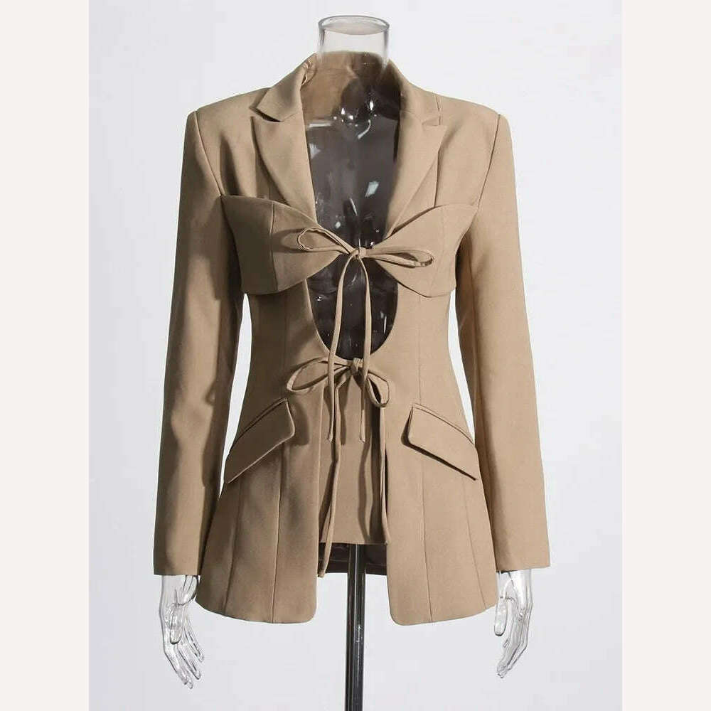 KIMLUD, TWOTWINSTYLE Hollow Out Irregular Blazer For Women Notched Collar Long Sleeve Patchwork Lace Up Temperament Blazers Female New, KIMLUD Womens Clothes