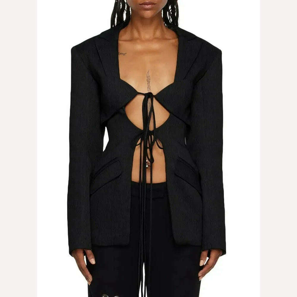 KIMLUD, TWOTWINSTYLE Hollow Out Irregular Blazer For Women Notched Collar Long Sleeve Patchwork Lace Up Temperament Blazers Female New, BLACK / XL, KIMLUD APPAREL - Womens Clothes