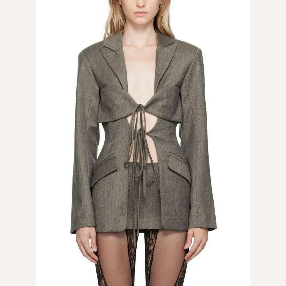 KIMLUD, TWOTWINSTYLE Hollow Out Irregular Blazer For Women Notched Collar Long Sleeve Patchwork Lace Up Temperament Blazers Female New, KIMLUD Womens Clothes