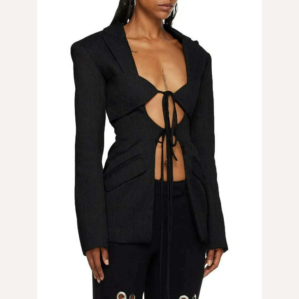 KIMLUD, TWOTWINSTYLE Hollow Out Irregular Blazer For Women Notched Collar Long Sleeve Patchwork Lace Up Temperament Blazers Female New, KIMLUD Womens Clothes