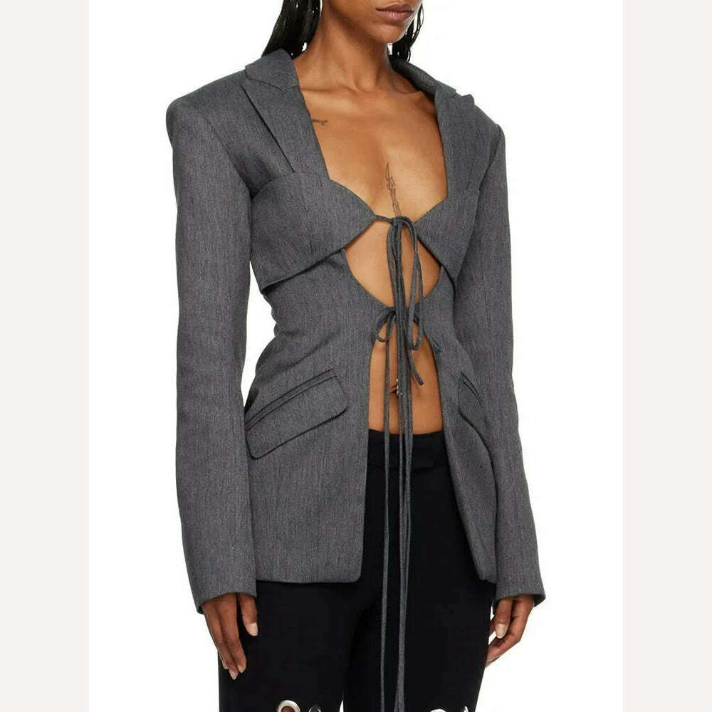 KIMLUD, TWOTWINSTYLE Hollow Out Irregular Blazer For Women Notched Collar Long Sleeve Patchwork Lace Up Temperament Blazers Female New, KIMLUD Womens Clothes