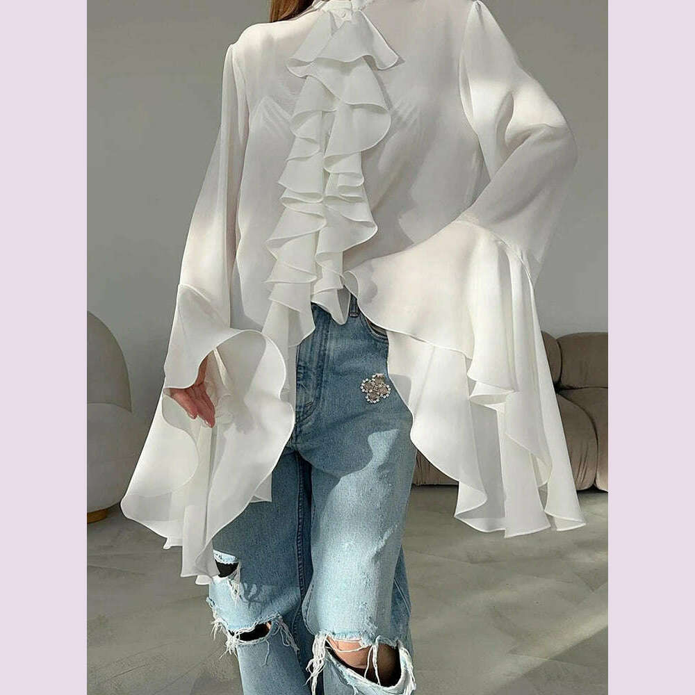 KIMLUD, TWOTWINSTYLE Irregular Designer Shirt For Women Round Neck Flare Sleeve Spliced Ruffles Temperament Blouse Female Fashion Style, KIMLUD Womens Clothes