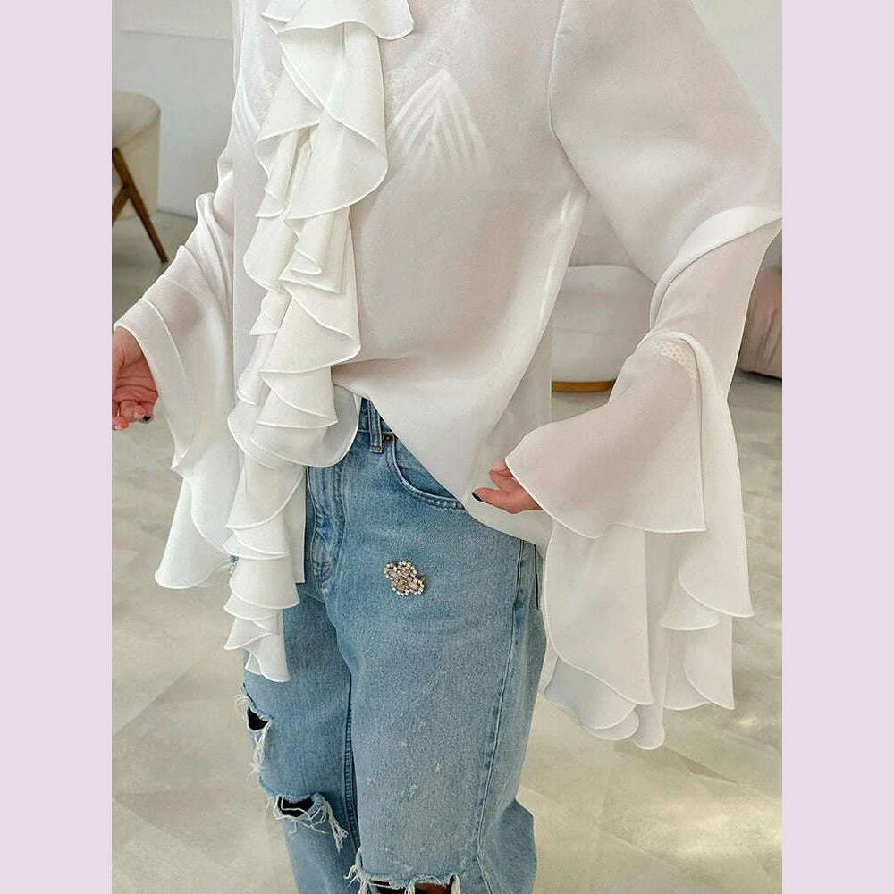 KIMLUD, TWOTWINSTYLE Irregular Designer Shirt For Women Round Neck Flare Sleeve Spliced Ruffles Temperament Blouse Female Fashion Style, KIMLUD Womens Clothes