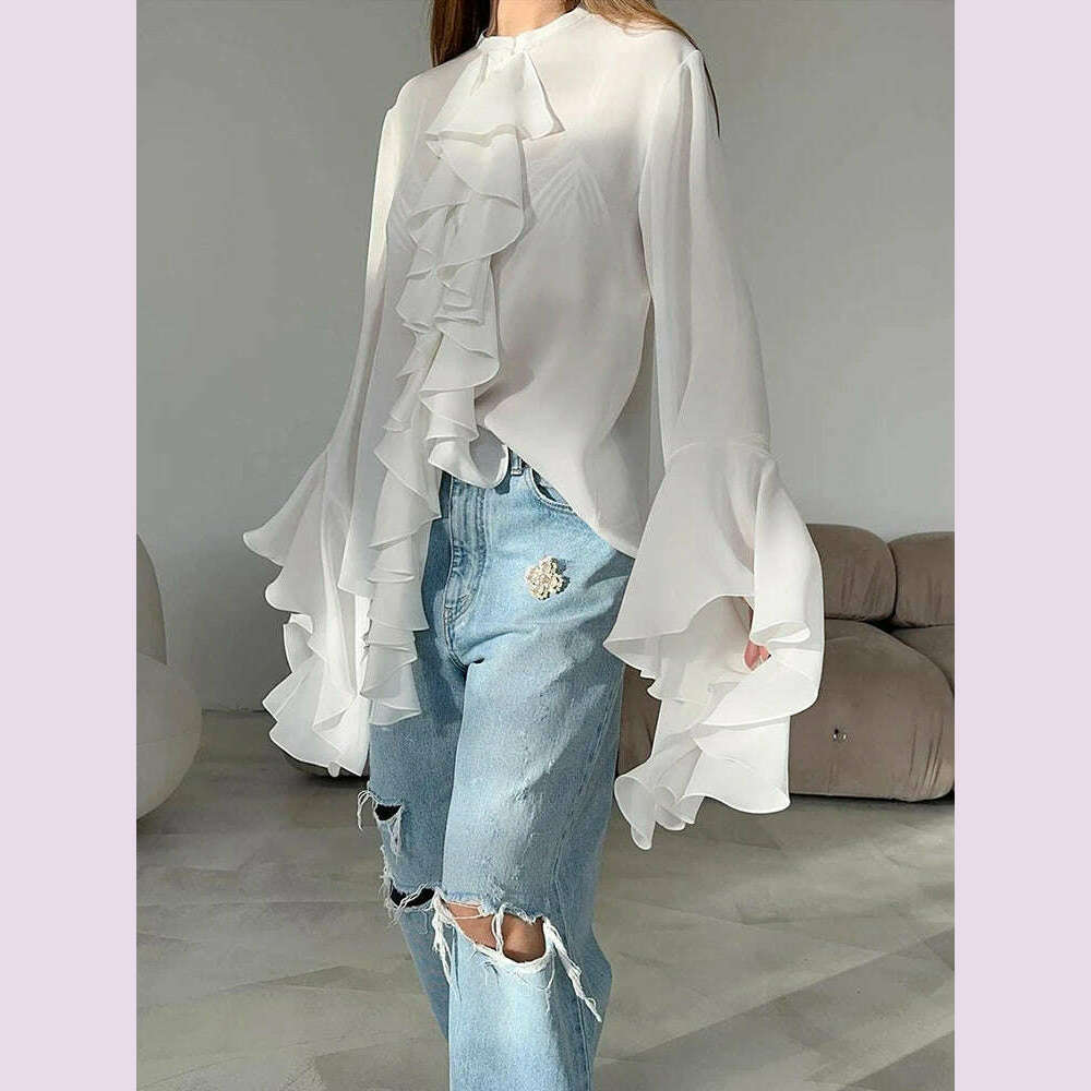 KIMLUD, TWOTWINSTYLE Irregular Designer Shirt For Women Round Neck Flare Sleeve Spliced Ruffles Temperament Blouse Female Fashion Style, KIMLUD Womens Clothes