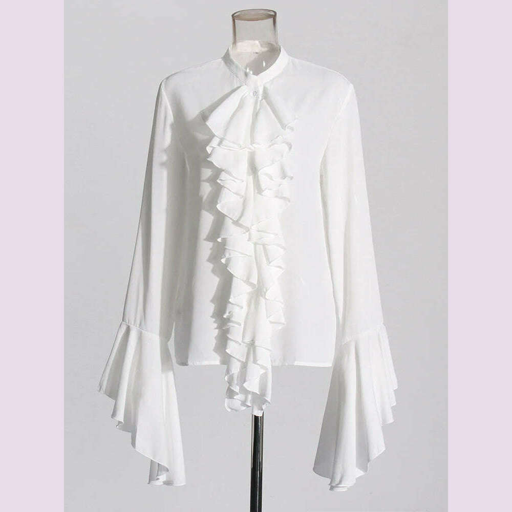 KIMLUD, TWOTWINSTYLE Irregular Designer Shirt For Women Round Neck Flare Sleeve Spliced Ruffles Temperament Blouse Female Fashion Style, KIMLUD Womens Clothes