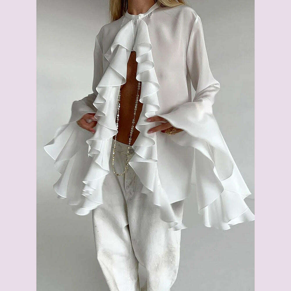 KIMLUD, TWOTWINSTYLE Irregular Designer Shirt For Women Round Neck Flare Sleeve Spliced Ruffles Temperament Blouse Female Fashion Style, KIMLUD Womens Clothes