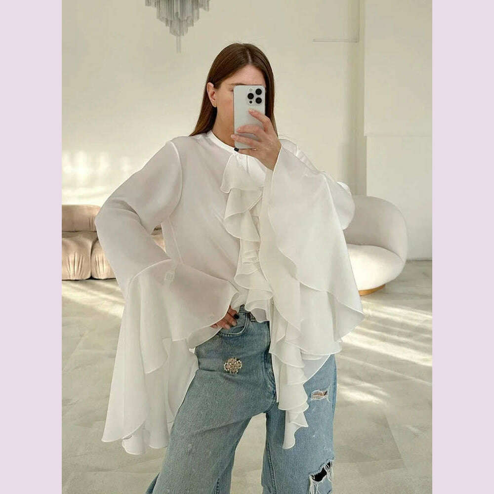 KIMLUD, TWOTWINSTYLE Irregular Designer Shirt For Women Round Neck Flare Sleeve Spliced Ruffles Temperament Blouse Female Fashion Style, KIMLUD Womens Clothes