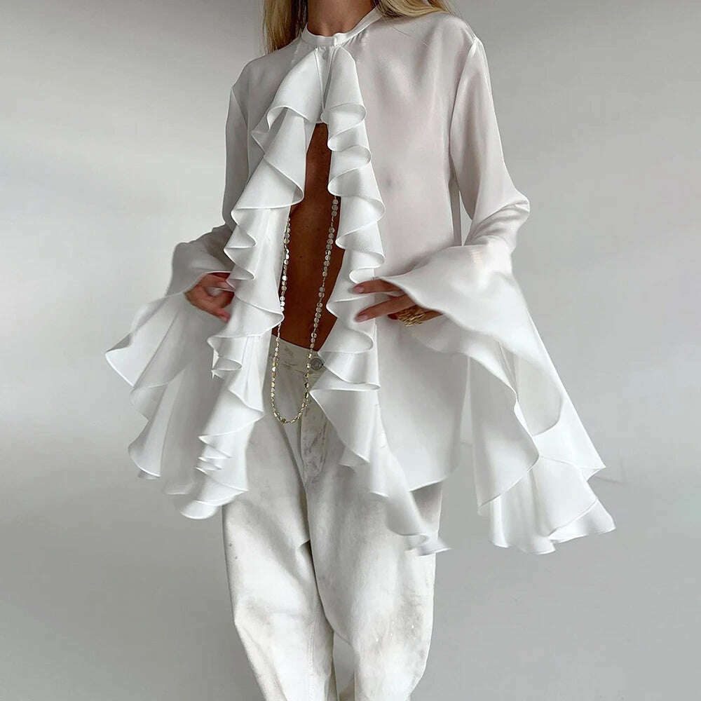 KIMLUD, TWOTWINSTYLE Irregular Designer Shirt For Women Round Neck Flare Sleeve Spliced Ruffles Temperament Blouse Female Fashion Style, WHITE / M, KIMLUD APPAREL - Womens Clothes