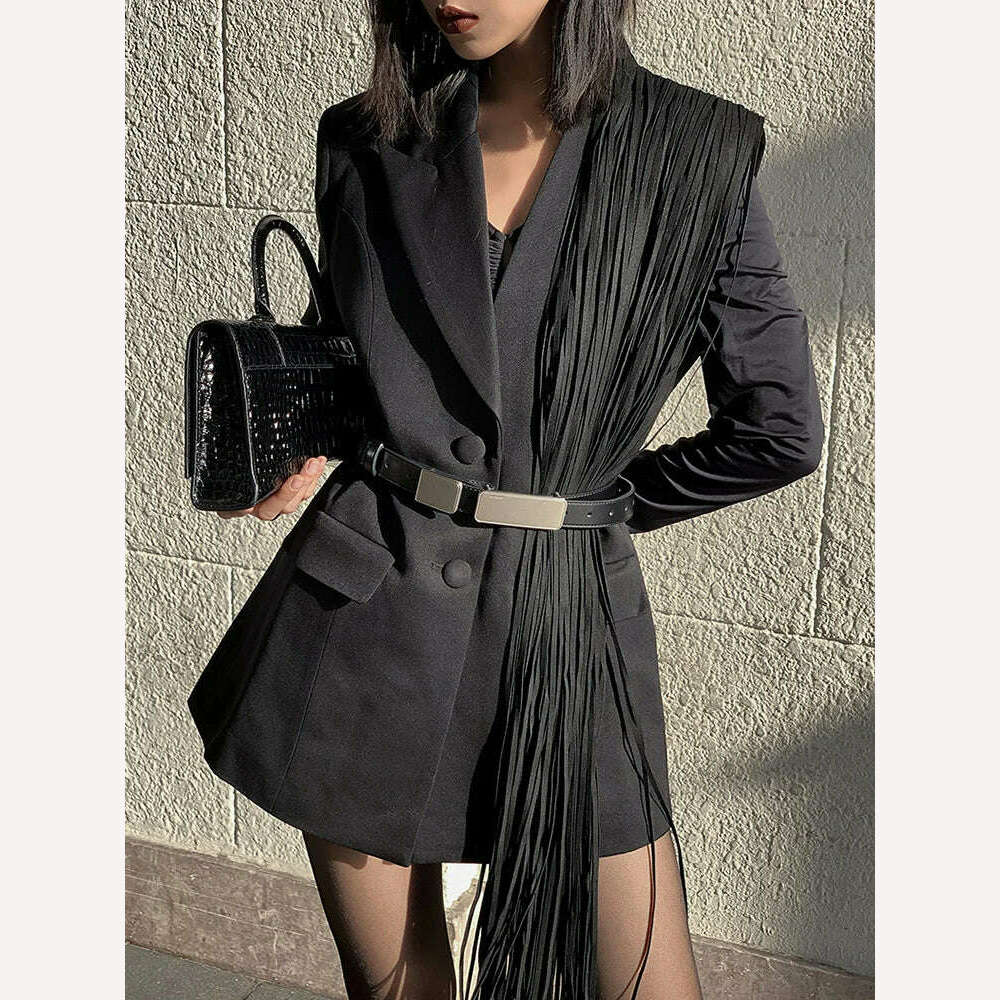 TWOTWINSTYLE Korean Fashion Black Patchwork Tassels Blazer For Women Notched Collar Long Sleeve Solid Blazers Female Spring 2023 - KIMLUD