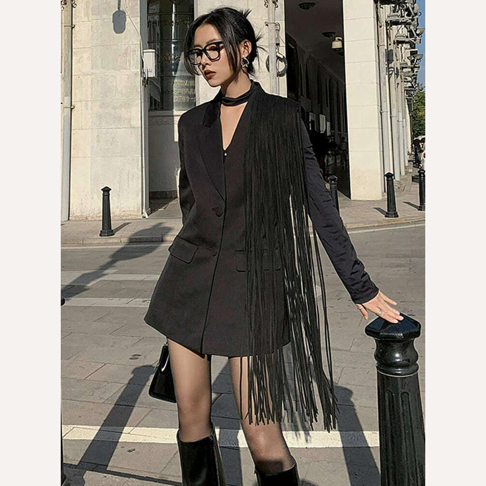 KIMLUD, TWOTWINSTYLE Korean Fashion Black Patchwork Tassels Blazer For Women Notched Collar Long Sleeve Solid Blazers Female Spring 2023, black / S, KIMLUD Women's Clothes
